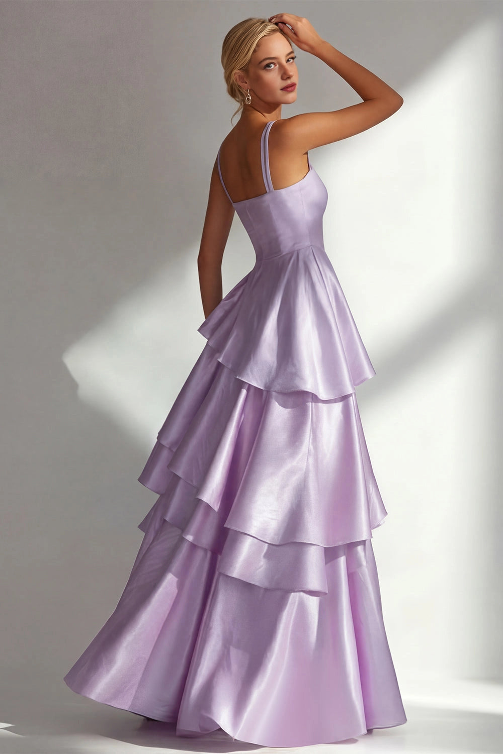 Shiny A Line Square Neck Straps Open Back Tiered Maxi Wedding Guest Dress