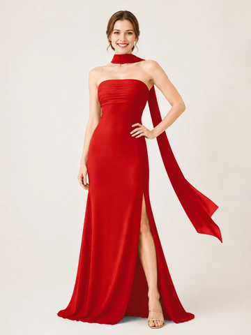 Strapless Ruched Chiffon Mermaid Bridesmaid Dress with Choker Scarf & High Slit