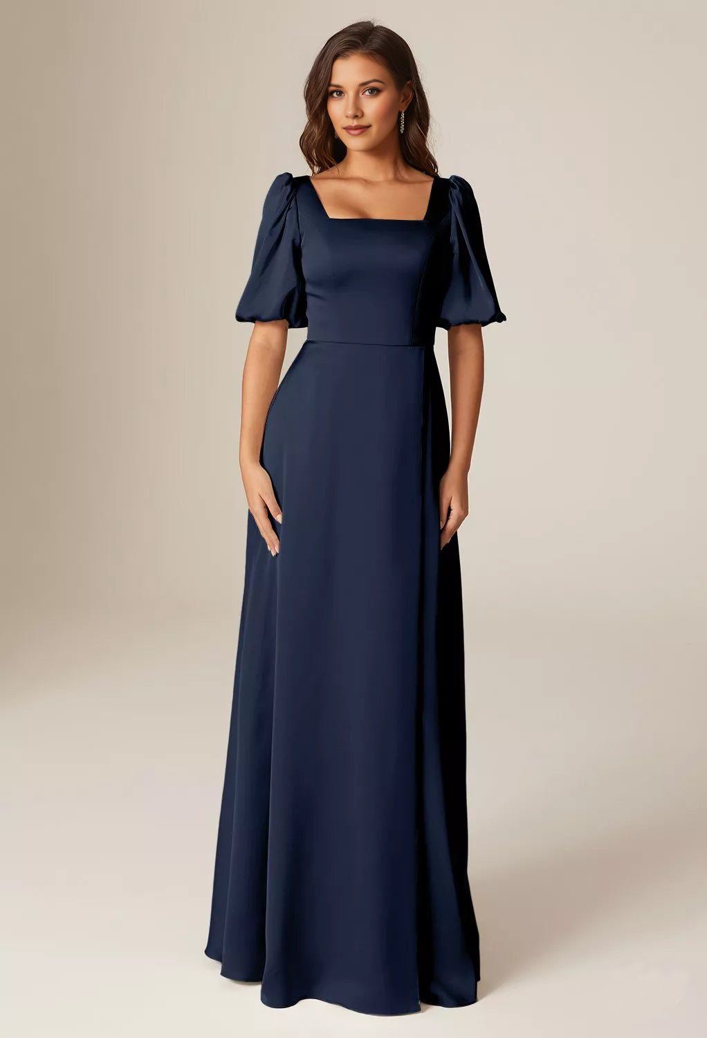 Square Neck Puff Sleeve Satin A-Line Bridesmaid Maxi Dress with Side Slit