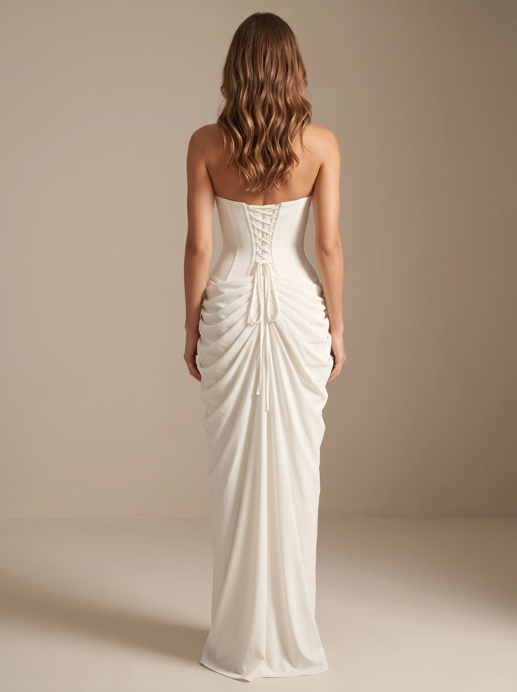 Pale‑Yellow Mermaid Strapless Draped Lace‑Up‑Back Slit Bridesmaid Dress