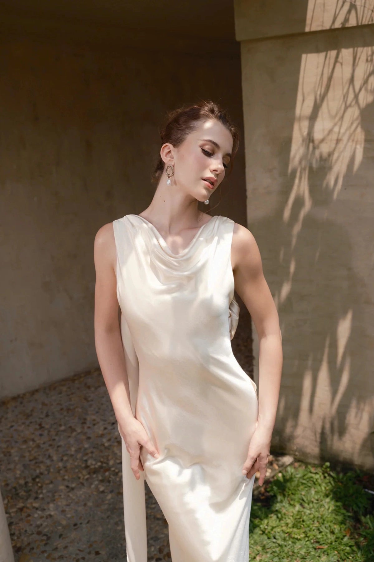 Elegant Mermaid Cowl Sleeveless Cross‑Draped‑Back Floor‑Length Wedding Dress