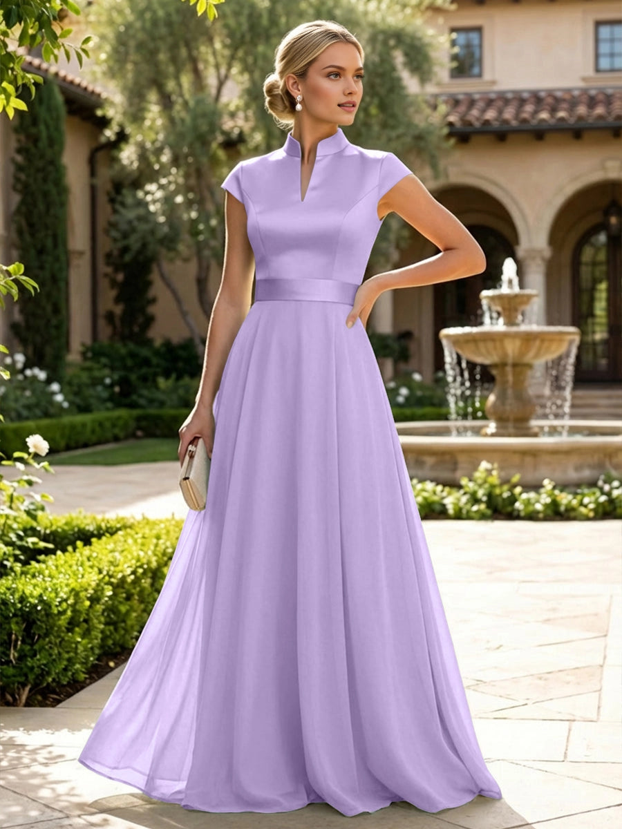 Elegant Sage A‑Line Stand‑Collar Cap‑Sleeve Zip‑Back Floor‑Length Mother Of The Bride Dress
