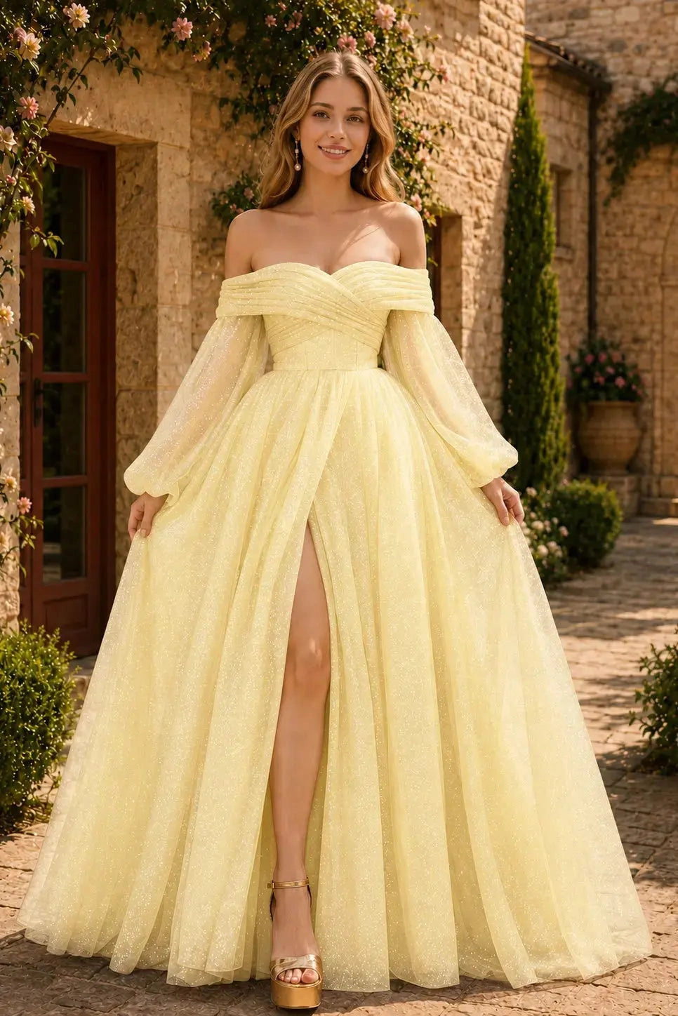 Glitter A‑Line Off‑The‑Shoulder Puff Sleeve Zip‑Back Floor Prom Dress
