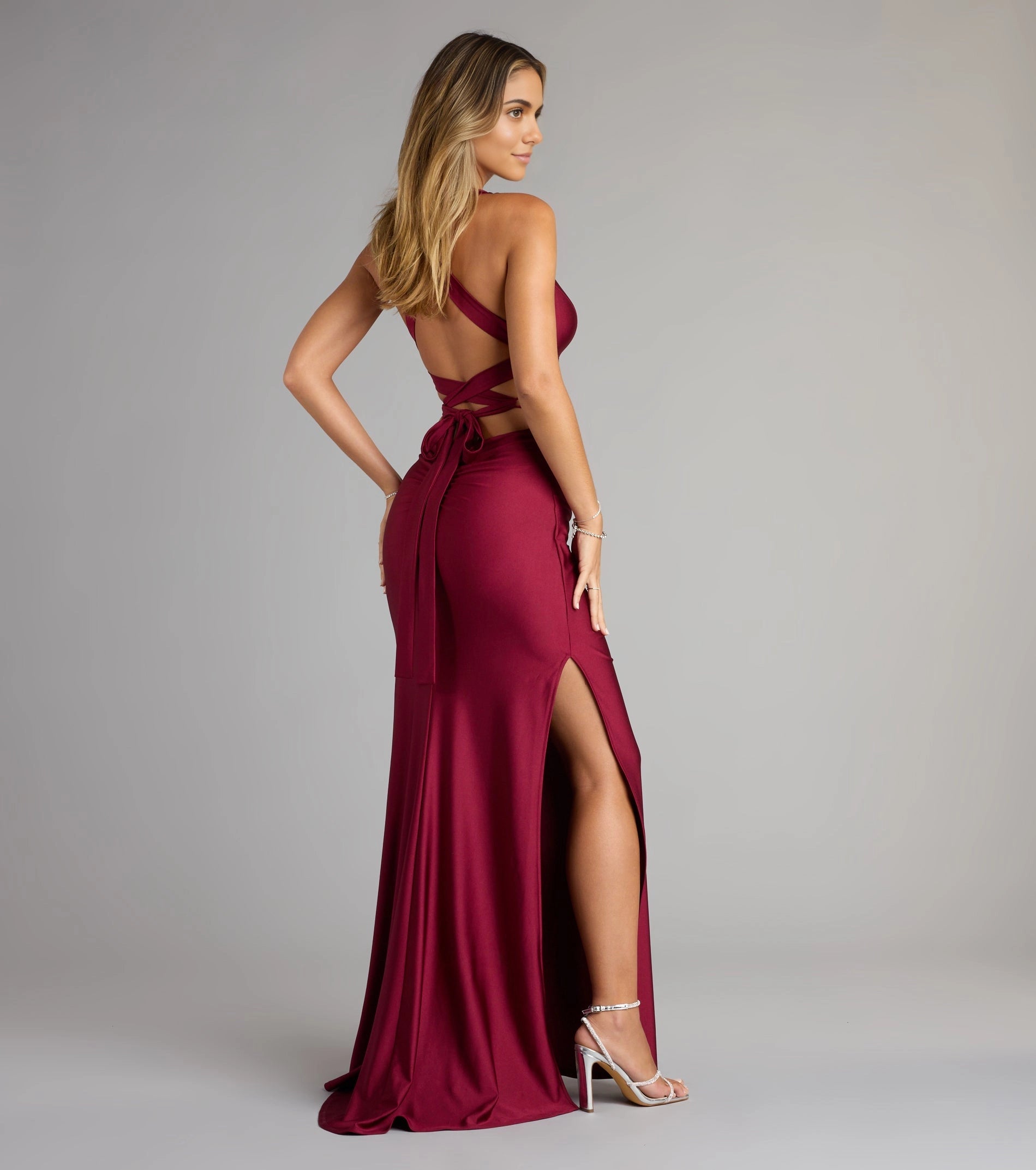 Pale Yellow Mermaid Halter Deep V Wrap Tie Back Long Prom Dress 