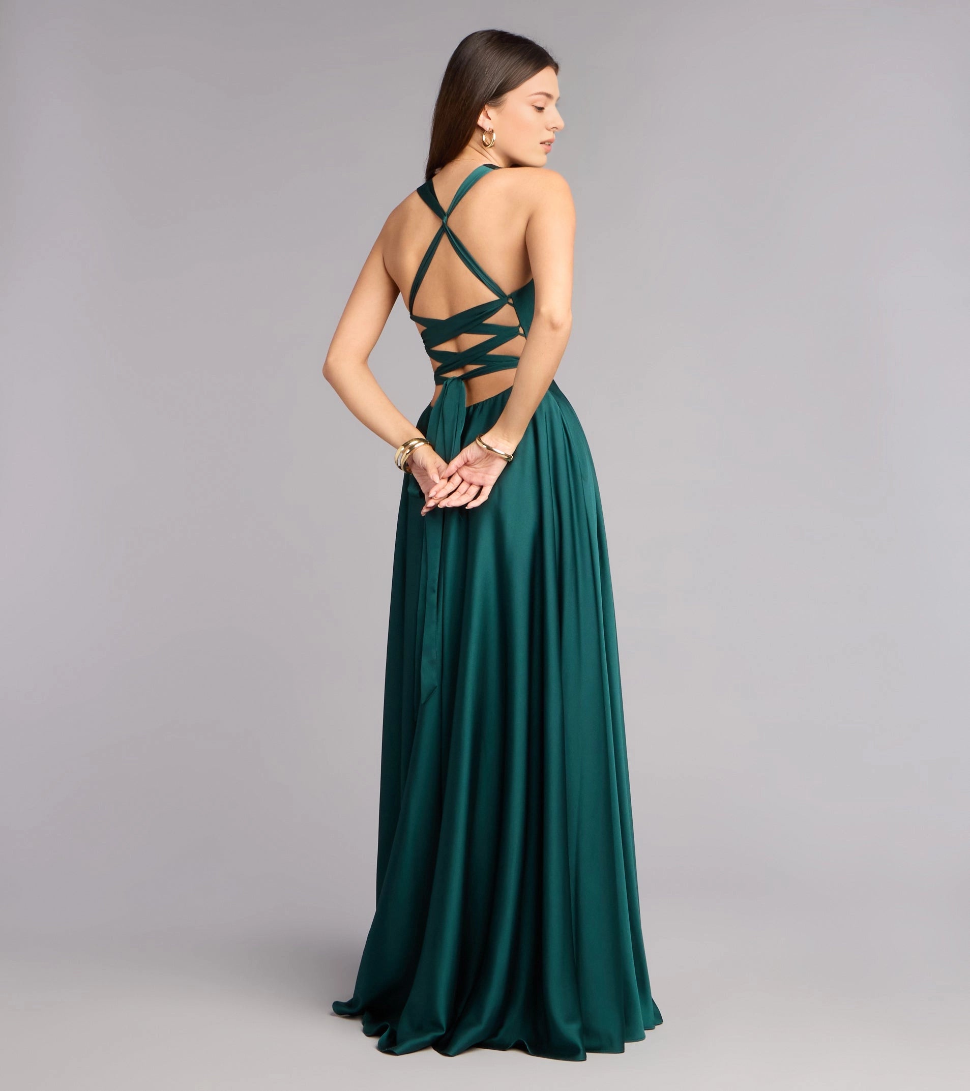 Navy A Line Halter Deep V Sleeveless Lace Up Back Slit Long Prom Dress