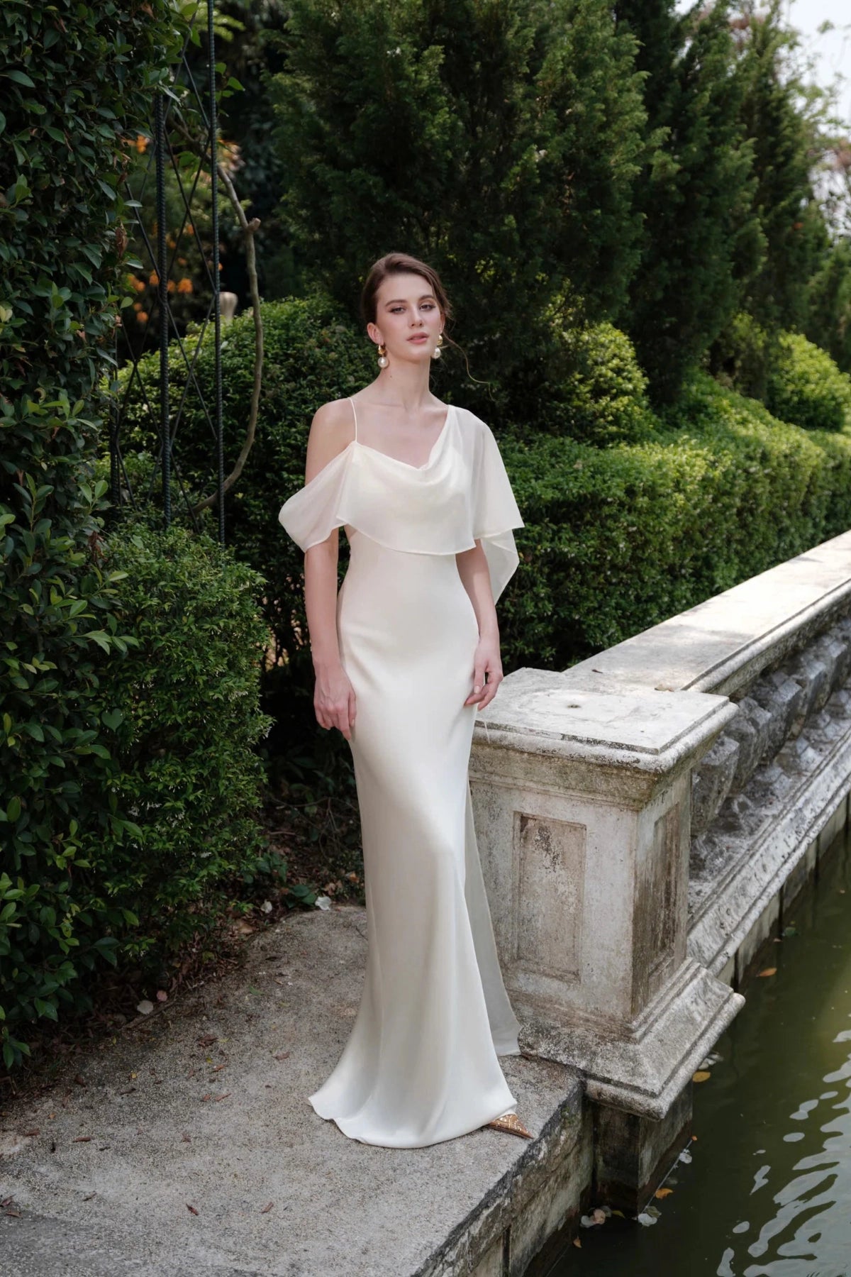 Romantic Mermaid Cowl Off‑Shoulder Lace‑Up‑Back Floor‑Length Wedding Dress