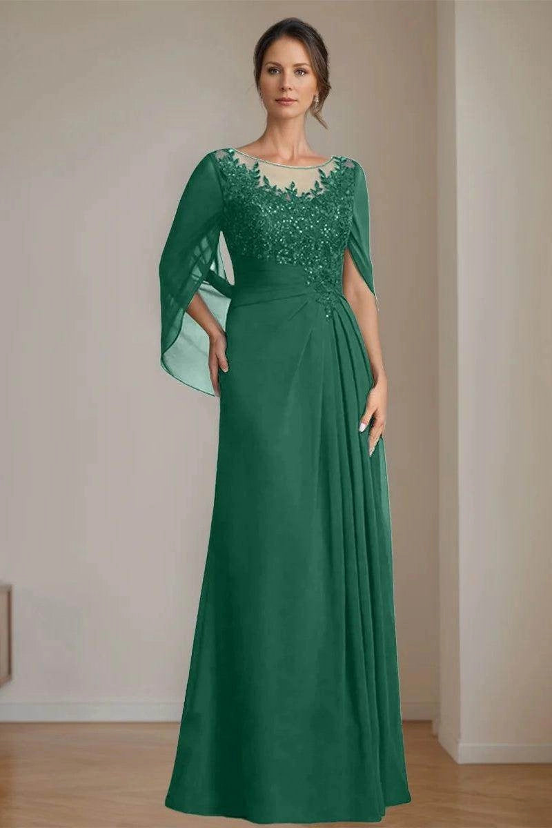 Modest A-Line Bateau Cape Sleeve Zip Back Floor Length Mother Of The Bride Dress