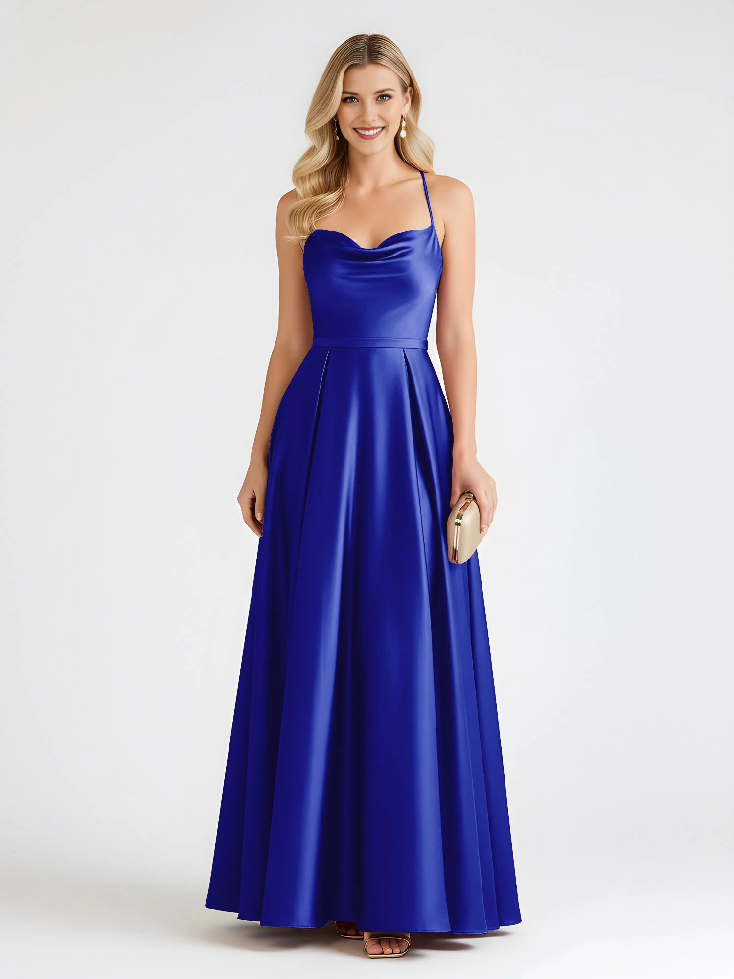 Vestido de dama de honor largo hasta el suelo de raso con cuello desbocado, tirantes finos y espalda cruzada