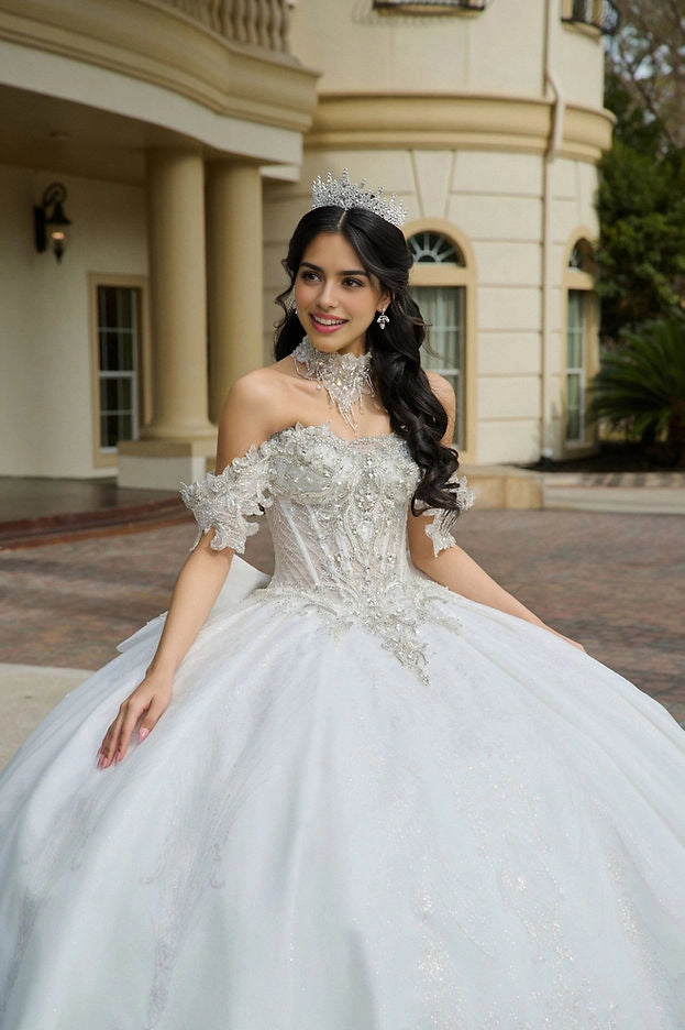 Ball Gown Off Shoulder Beaded Bow Long Train Quinceañera Dress