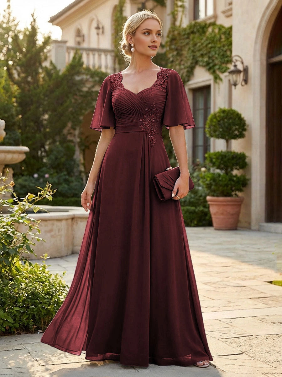 Graceful Dusty Blue A-Line Sweetheart Flutter-Sleeve Sweetheart-Back Floor-Length Mother Of The Bride Dress
