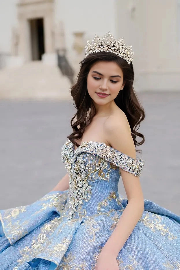 Sparkly Ball Gown Off Shoulder Short Sleeve Corset Back Train Quinceañera Dress