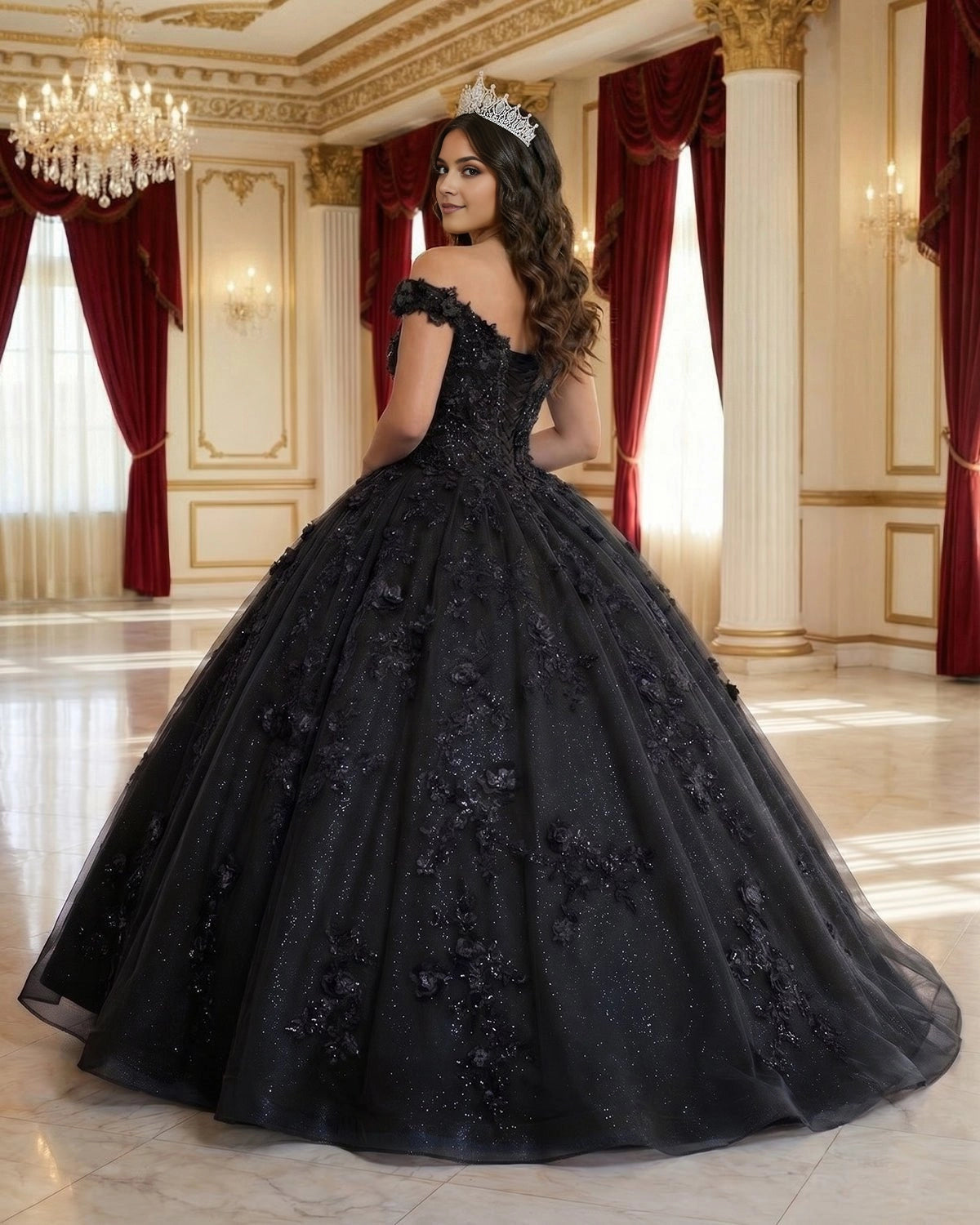 Ballgown Off-shoulder V-neck Short Sleeve Lace-up Back Floor Length Quinceañera Dress