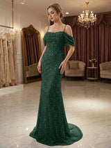Champagne Off Shoulder Spaghetti Strap Sequin Mermaid Long Prom Dress With Train