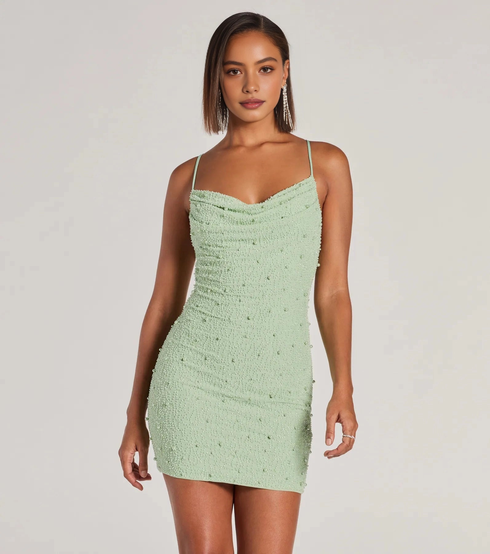 Glam Bodycon Cowl Spaghetti Strap Criss Cross Back Mini Homecoming Dress