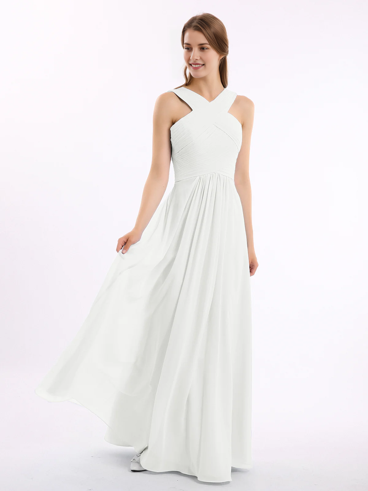 Crisscross Neck Pleated Bodice Flowy Chiffon A-Line Floor-Length Bridesmaid Evening Maxi Dress