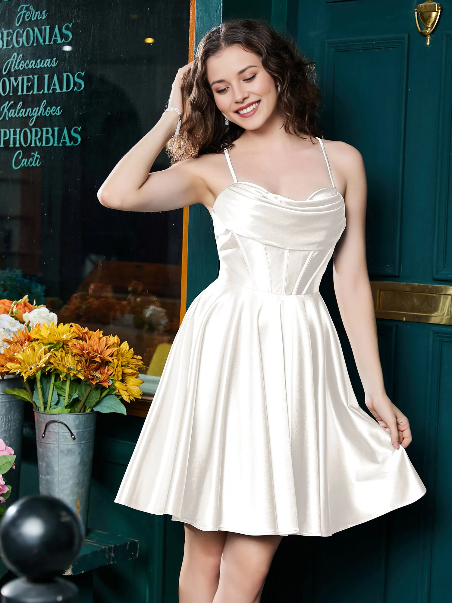 Cowl Neck Corset Boning Spaghetti Strap Lace-Up Back Satin Skater Mini Homecoming Dress