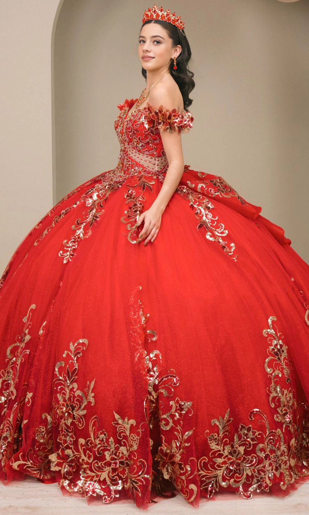 Glam Ball Gown Off‑Shoulder Floral Sleeve Lace‑Up Back Sweep Train Quinceanera Dress