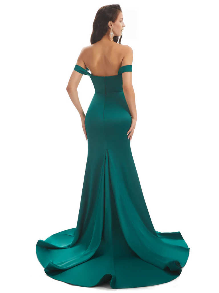 Vestido de noche largo de satén con escote corazón, fruncido, tipo sirena, con hombros descubiertos y cola
