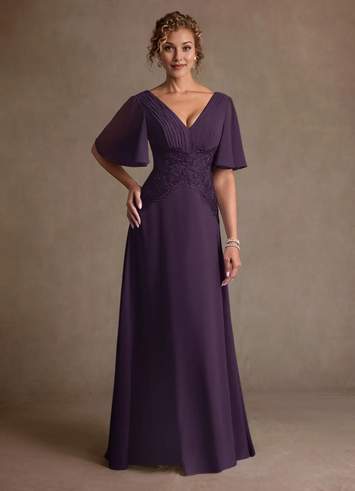 V-Neck Flutter Sleeve Lace Waist Chiffon A-Line Floor-Length Mother of the Bride Dress