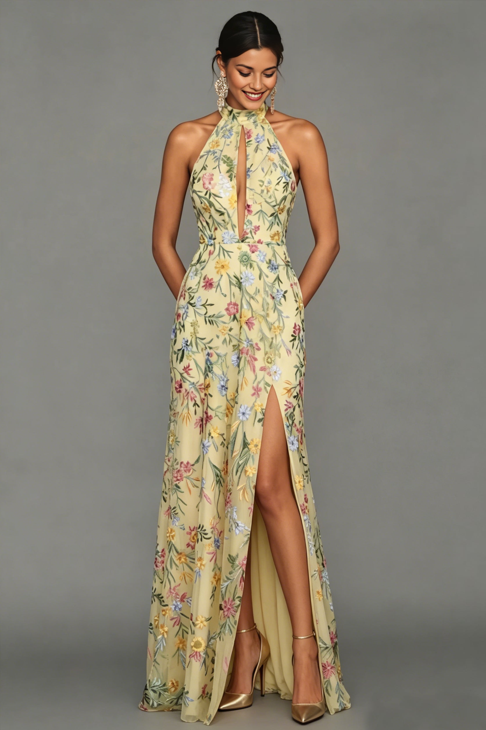 Lavender Floral Embroidered Halter Neck Maxi Dress with Keyhole & Slit