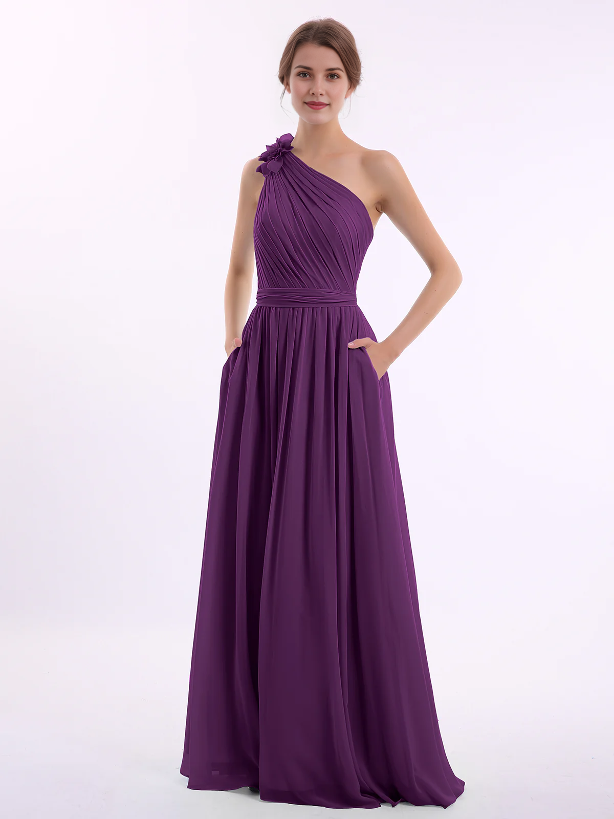 One Shoulder 3D Flower Ruched Chiffon Bridesmaid Maxi Dress with Pockets & Open Back Sash