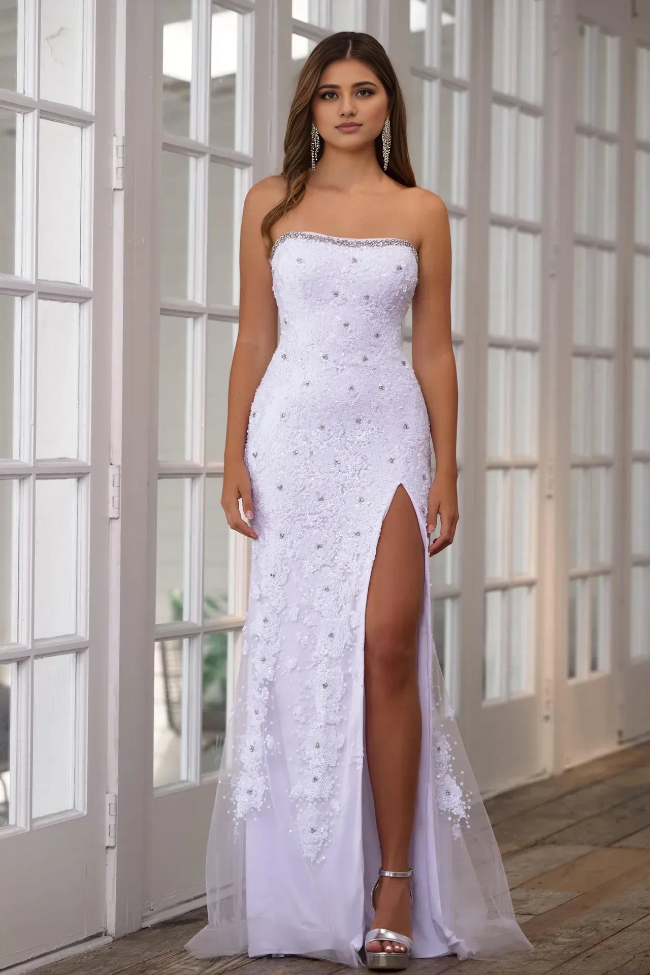 Elegant Sheath Strapless Sequin Lace Rhinestone Trim High Slit Floor Length Prom Dress