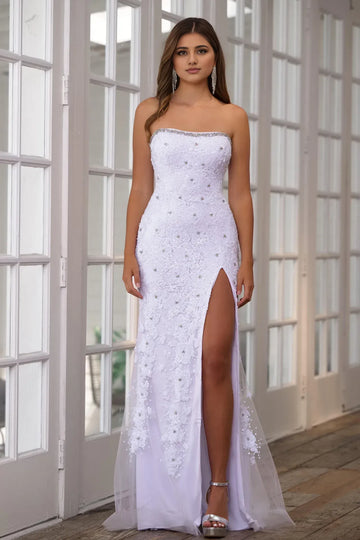 Elegant Sheath Strapless Sequin Lace Rhinestone Trim High Slit Floor Length Prom Dress