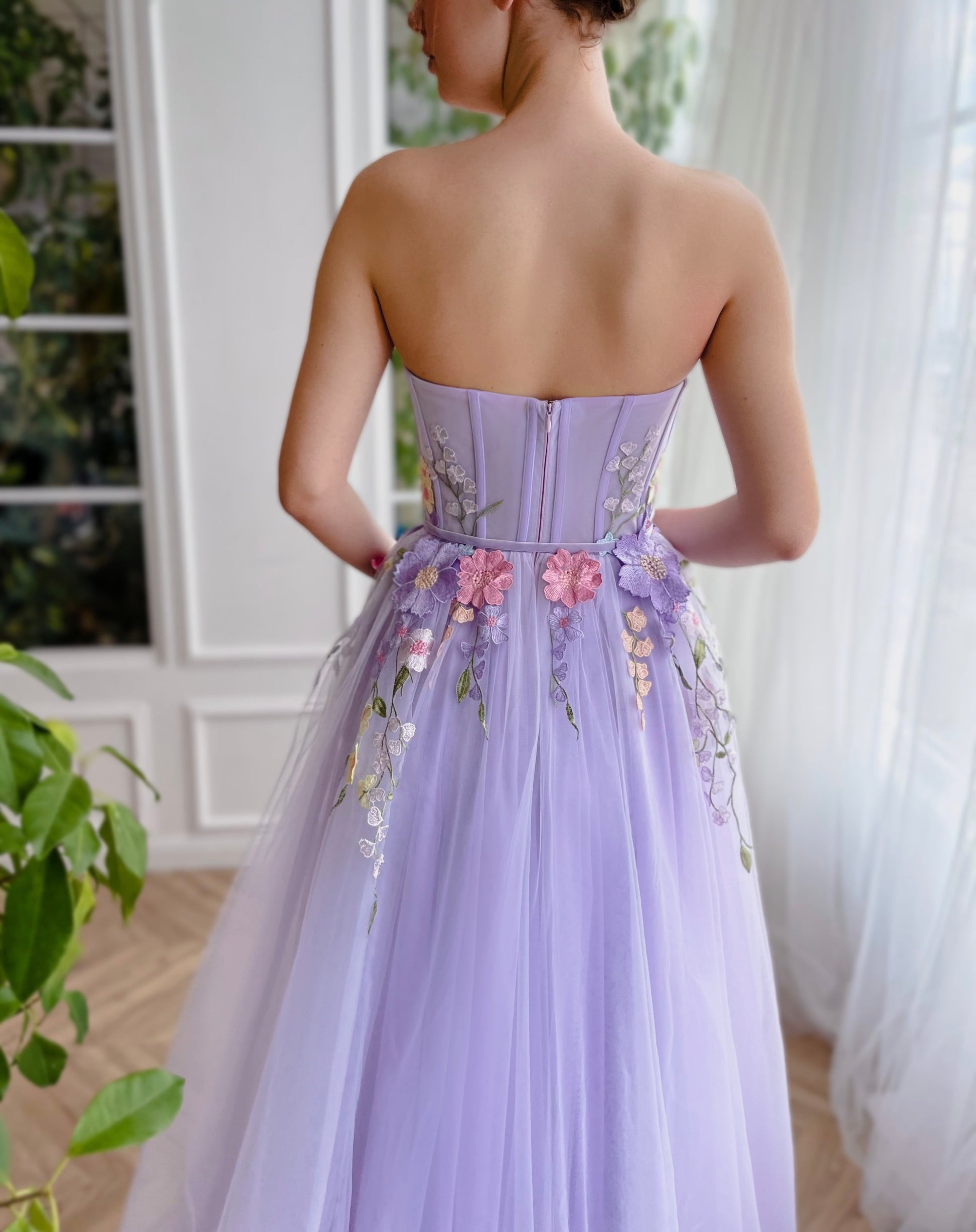 Vestidos de fiesta de tul con flores en línea A/corte princesa y escote corazón, vestido hasta el suelo con apliques florales