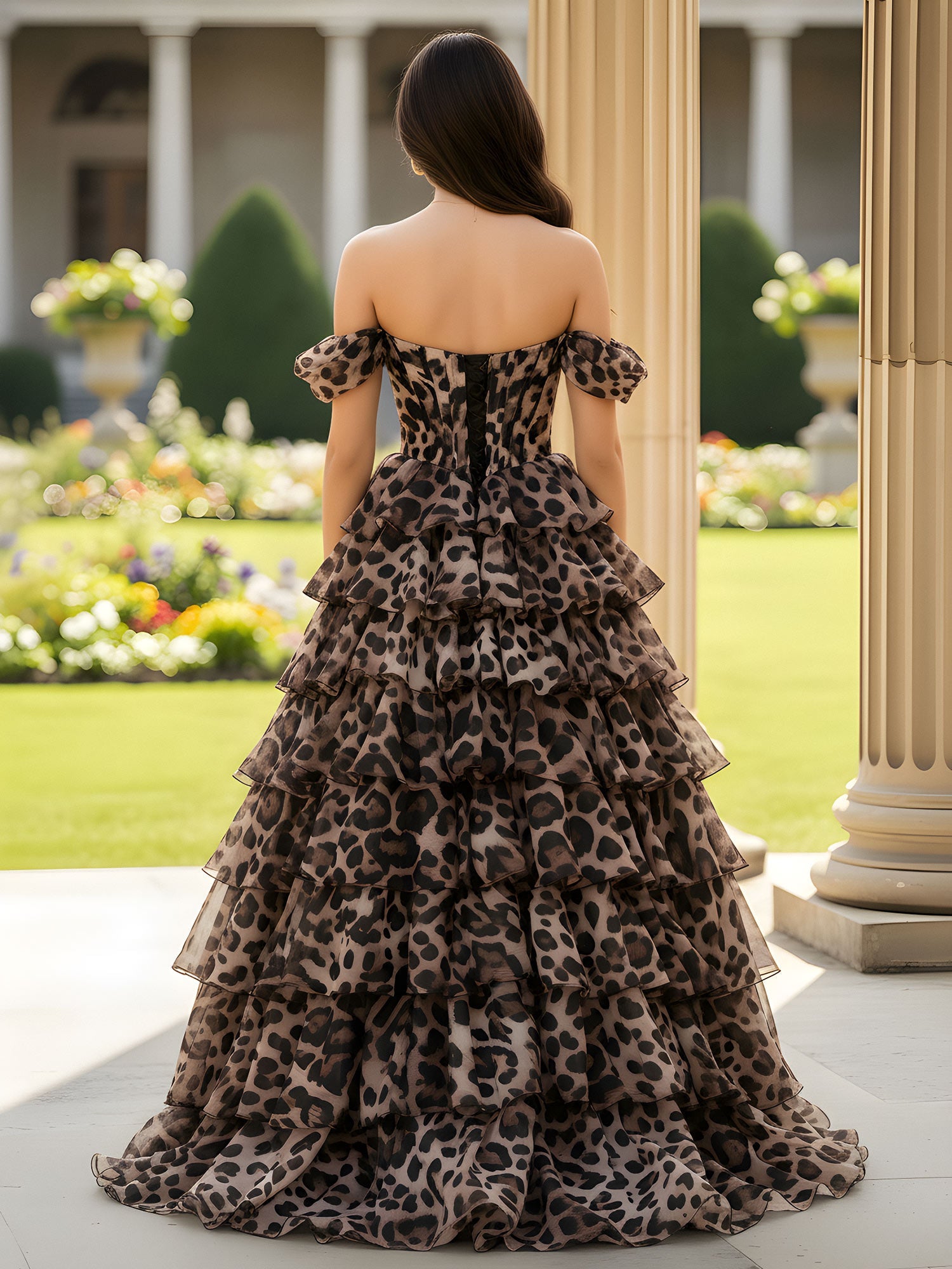 Vestido de noche largo con estampado de leopardo, hombros descubiertos, volantes, capas, abertura alta para fiesta de graduación o boda