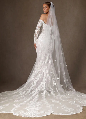 Ethereal Sheer Tulle Scattered 3D Petal Cathedral Length Bridal Wedding Veil
