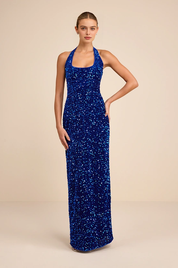 Blue sequin halter neck formal dress with sleeveless column silhouette, floor length design, and sparkling evening style by VEDRESS