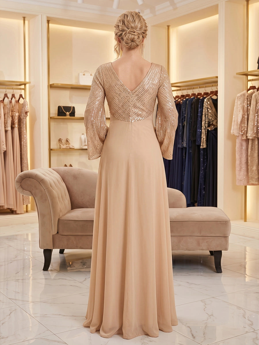 Back view vedress zip back v neck sequin bell sleeve chiffon floor length plus size mother gown