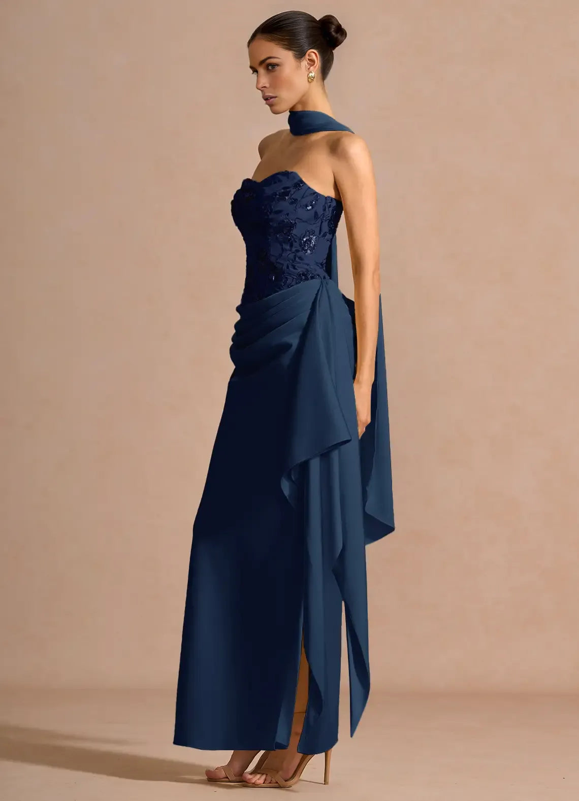 Mermaid Strapless Sleeveless Lace Satin Maxi Scarf Lace-up Formal Evening Dress
