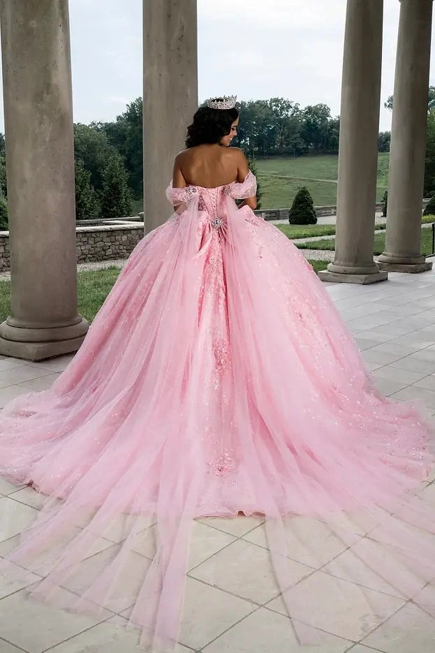 Floral Ball Gown Sweetheart Off Shoulder Corset Bow Train Quinceañera Dress