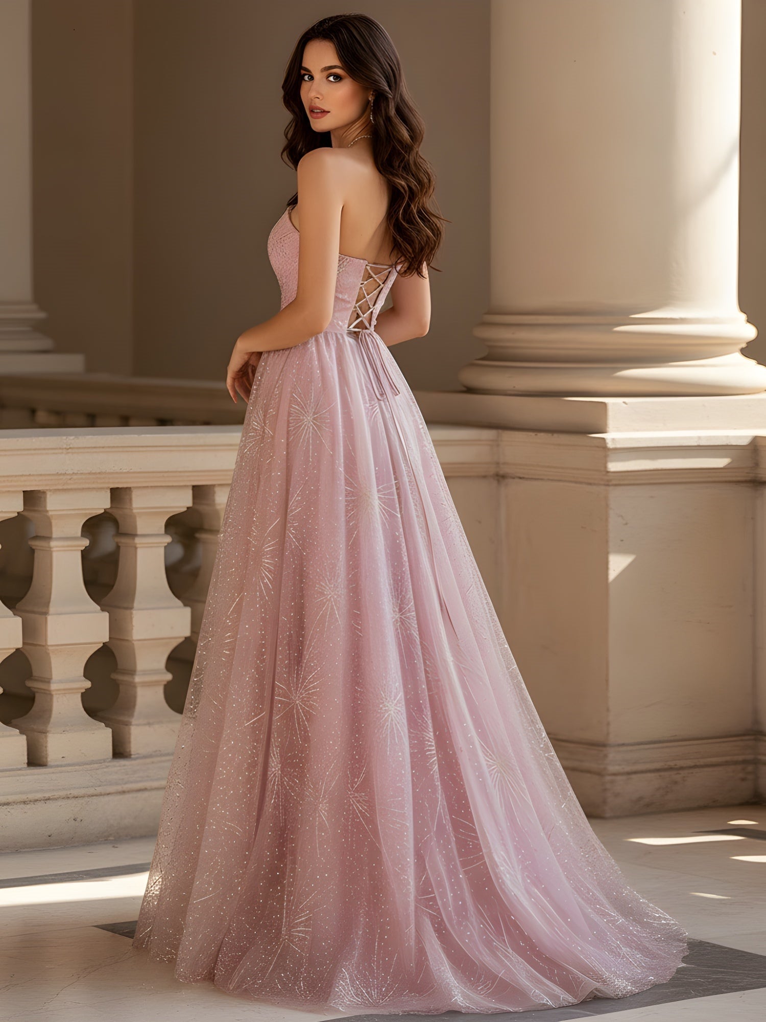 Vestido de gala maxi sin tirantes Dusty Rose con escote corazón, tul con estrellas brillantes, abertura alta y corte A con cola para eventos de graduación y bodas