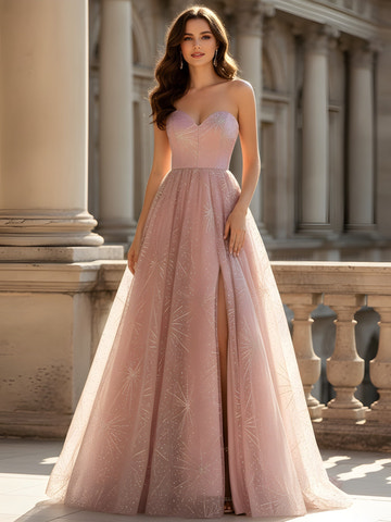 Vestido de gala maxi sin tirantes Dusty Rose con escote corazón, tul con estrellas brillantes, abertura alta y corte A con cola para eventos de graduación y bodas