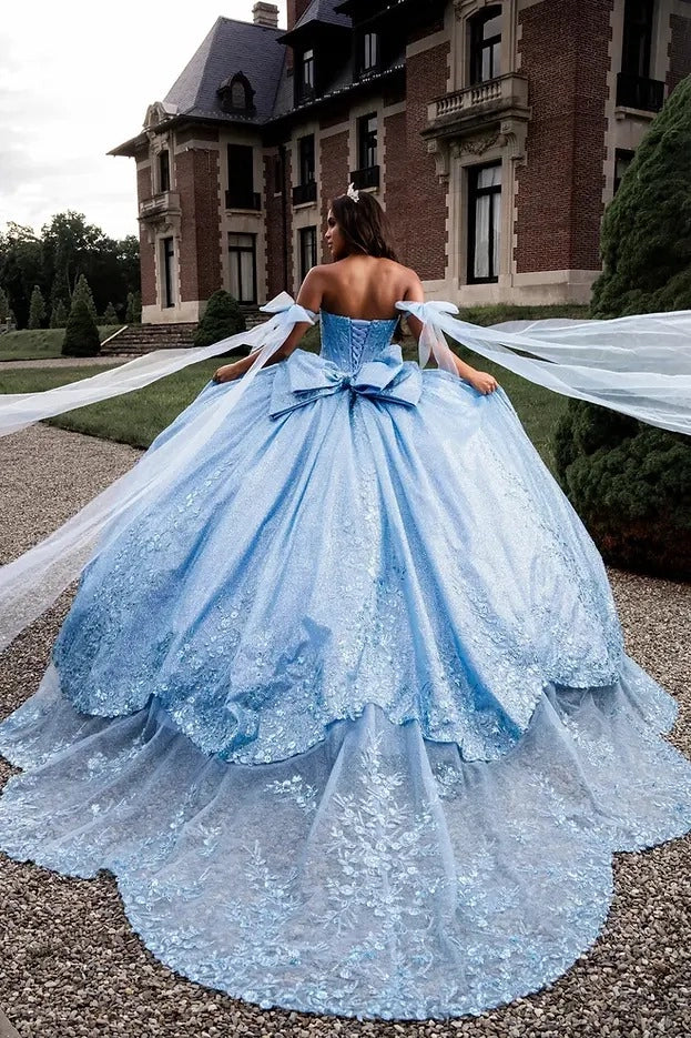 Vedress light blue quinceañera gown corset lace-up back large tulle bow long train back view