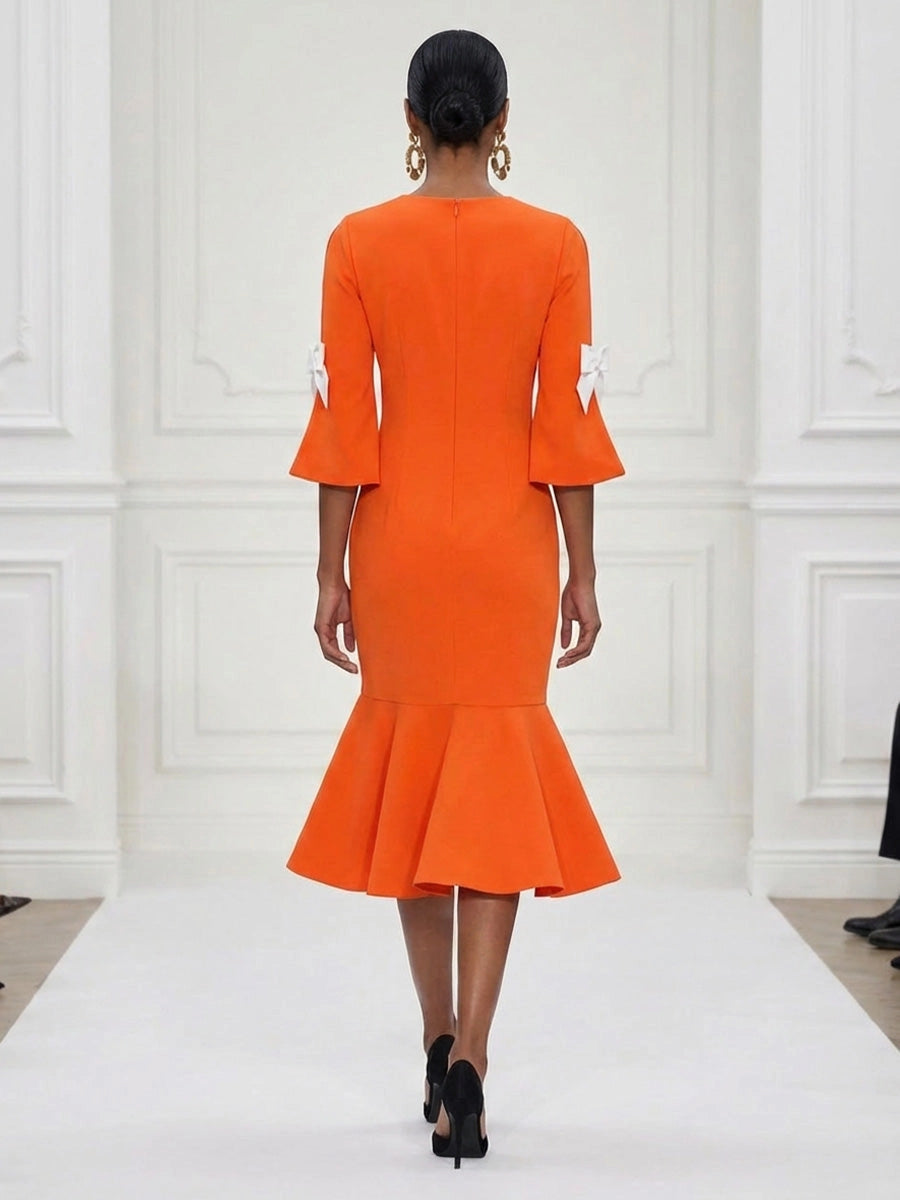 Back view vedress zip back mermaid midi plus size mother gown orange with sleeve bow detail