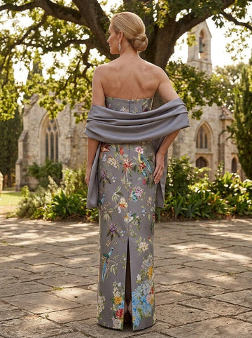 Vedress dusty blue floral jacquard strapless mother of bride dress zipped back view
