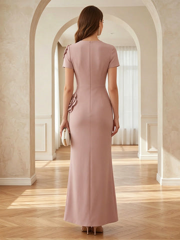 Model wearing vedress blush 3d floral sheath mother of bride dress invisible zip back floor length formal rear view