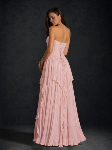 Blush pink floor-length evening dress with open lace-up back and pleated ruffle skirt