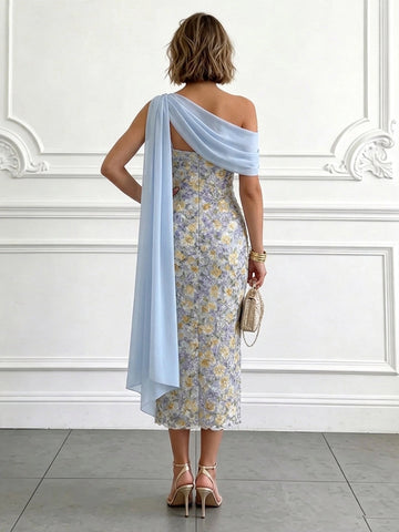 Vedress floral jacquard one shoulder wedding guest midi gown back view with chiffon drape and zipper