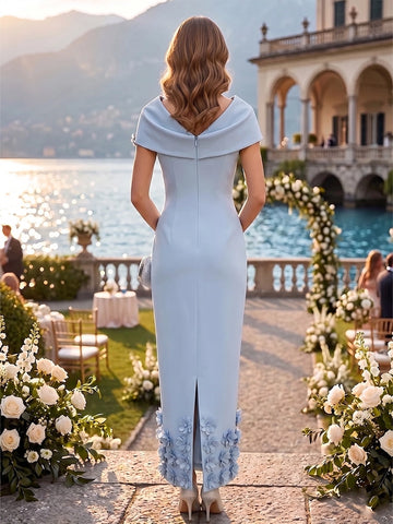 Back view vedress draped shoulder zip back sheath ankle length plus size mother gown with 3d flowers