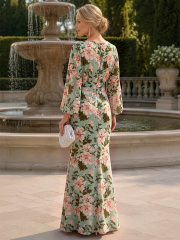 Vedress sage green floral print mermaid gown boat neck long sleeve back view zipper closure
