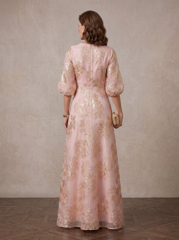 Vedress blush pink gold floral brocade gown round back neck center zipper elbow puff sleeves A-line floor length