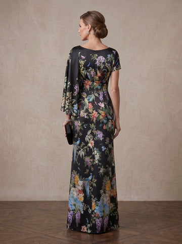 Vedress black floral peacock satin gown back view boat neck center zipper asymmetric cape sleeve sheath floor length
