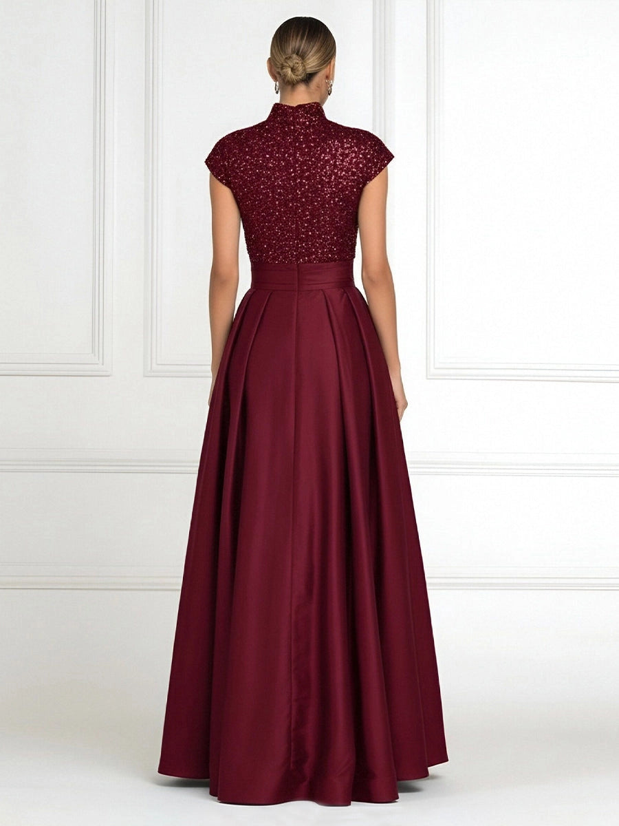 Back view vedress zip back high neck cap sleeve satin a-line floor length plus size mother gown