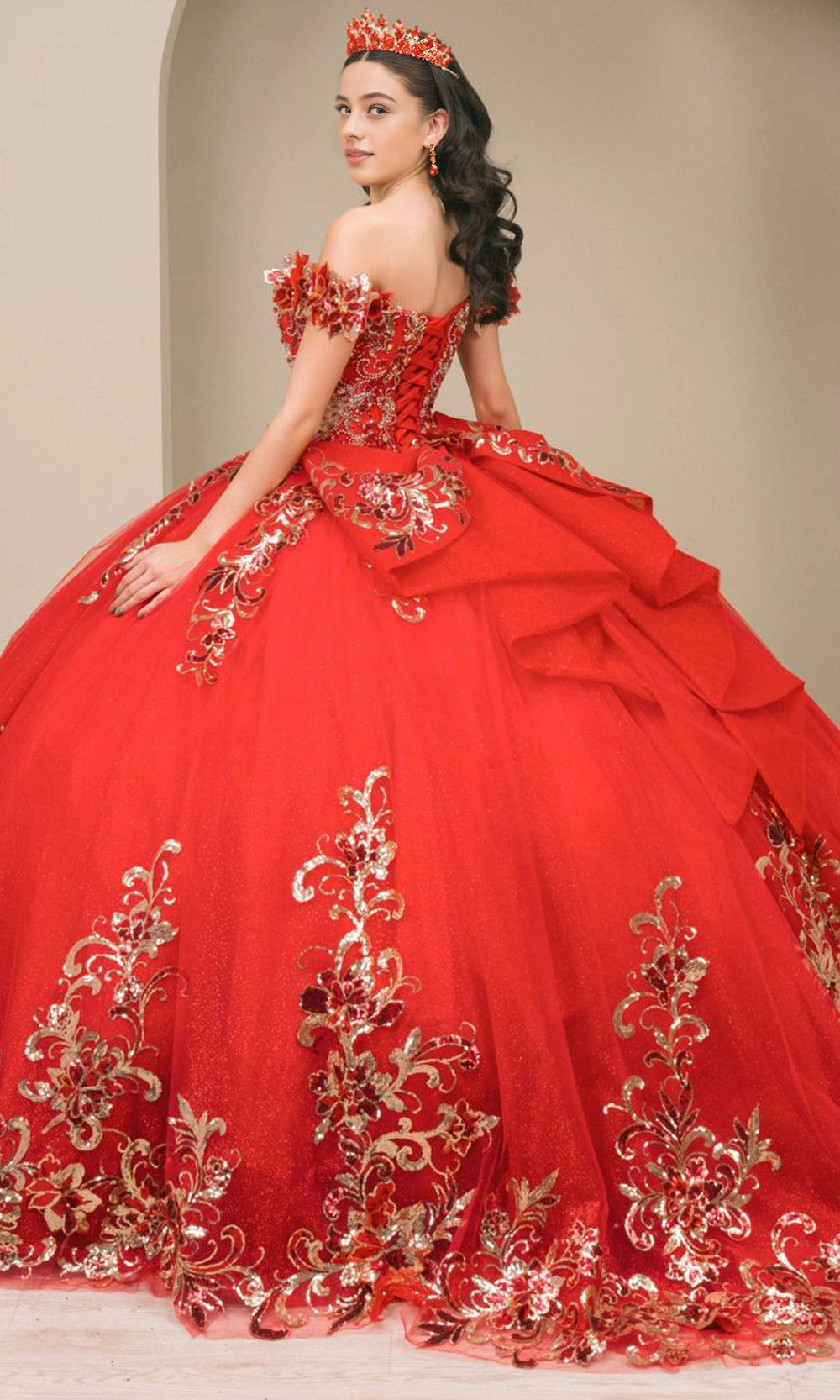 Glam Ball Gown Off‑Shoulder Floral Sleeve Lace‑Up Back Sweep Train Quinceanera Dress