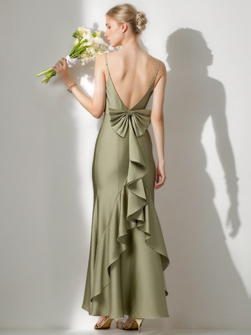 Sheath/Column Satin Pleated Sleeveless Floor-Length Gown Silk Satin Bridesmaid Dresses with Back-Tie Bowknot