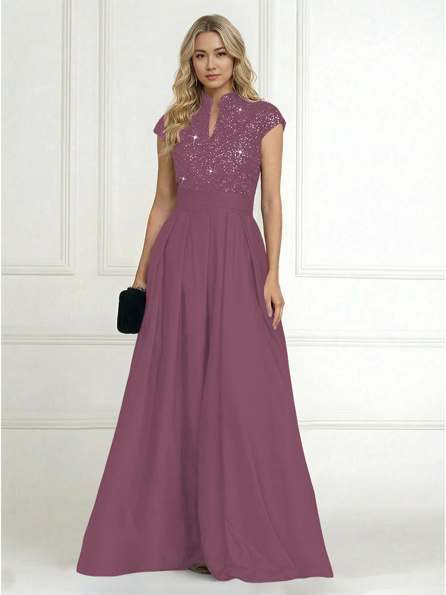 Luxury A-Line High-Neck Cap-Sleeve Zip-Back Floor-Length Plus Size Mother of the Bride Dress